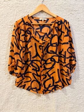 NaNa Orange Blouse with Navy Abstract Scribble Print